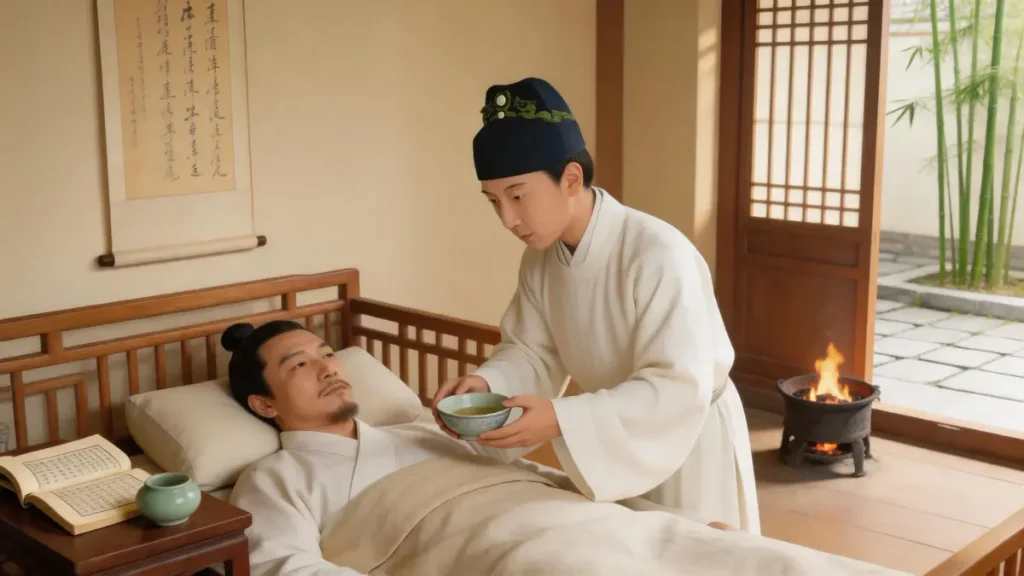 The young Zhu Yunwen stays by his father Zhu Biao’s bedside day and night during his illness, demonstrating profound filial piety.